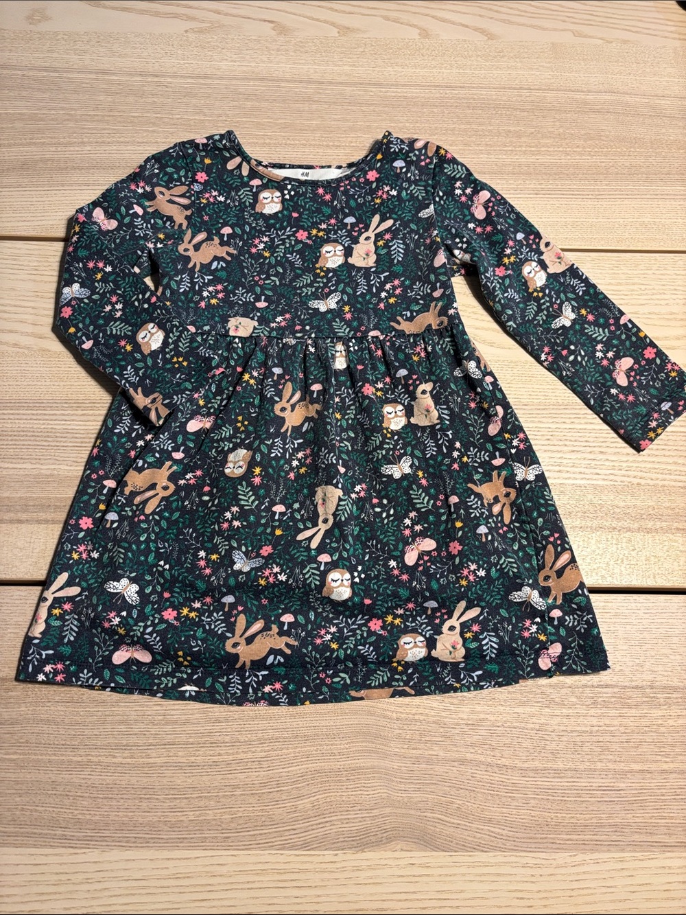 H&M Dark Blue Floral Woodland Bunny Print Dress